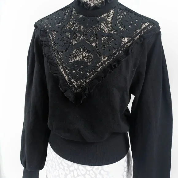 EXPRESS Victorian Look LS Lace Insert Sweatshirt Stretch Blouse Top XS - Picture 2 of 4